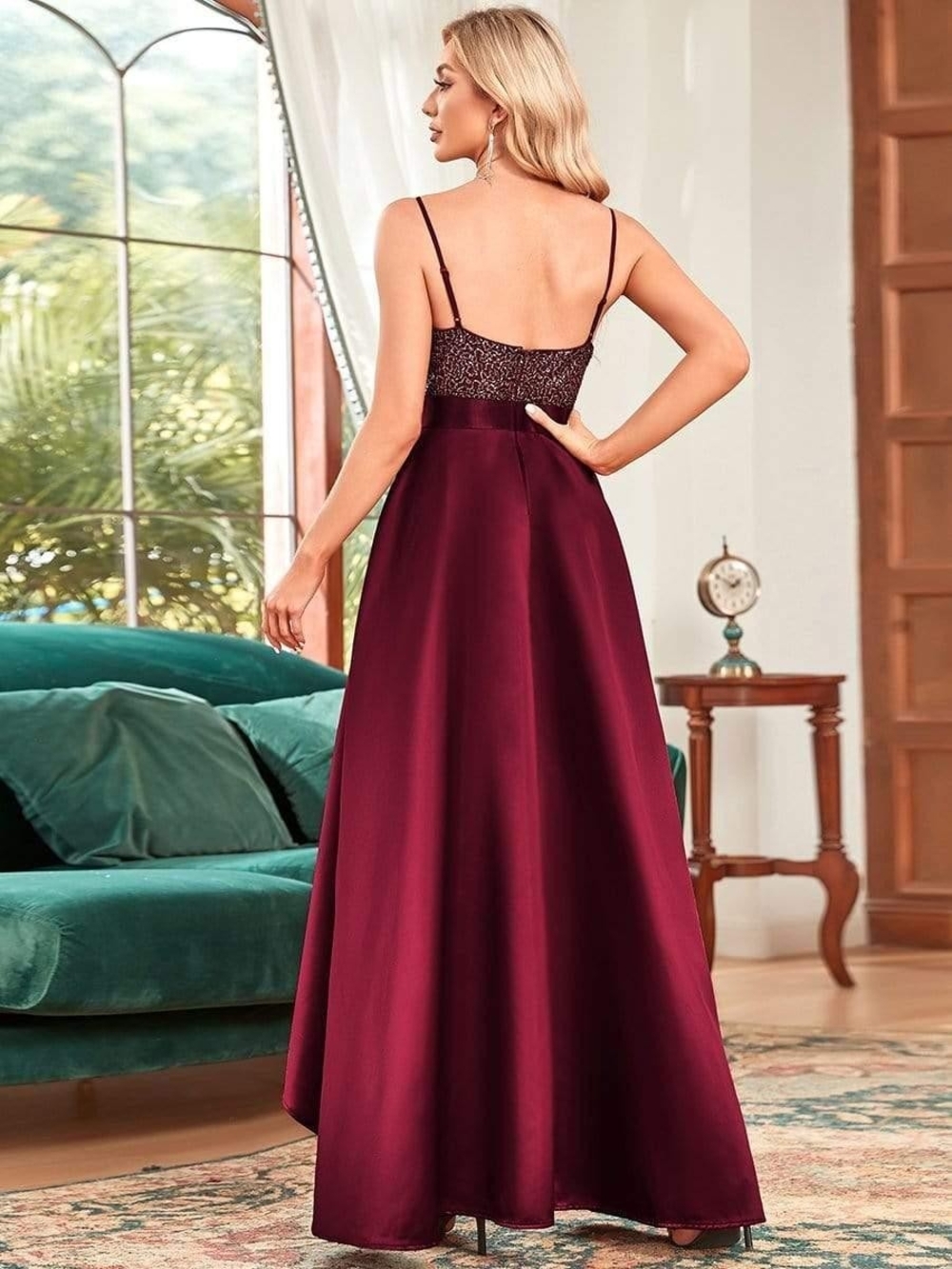 NWT - Plus Size Burgundy High-Low Sequin Evening Prom Dress - Picture 3 of 10